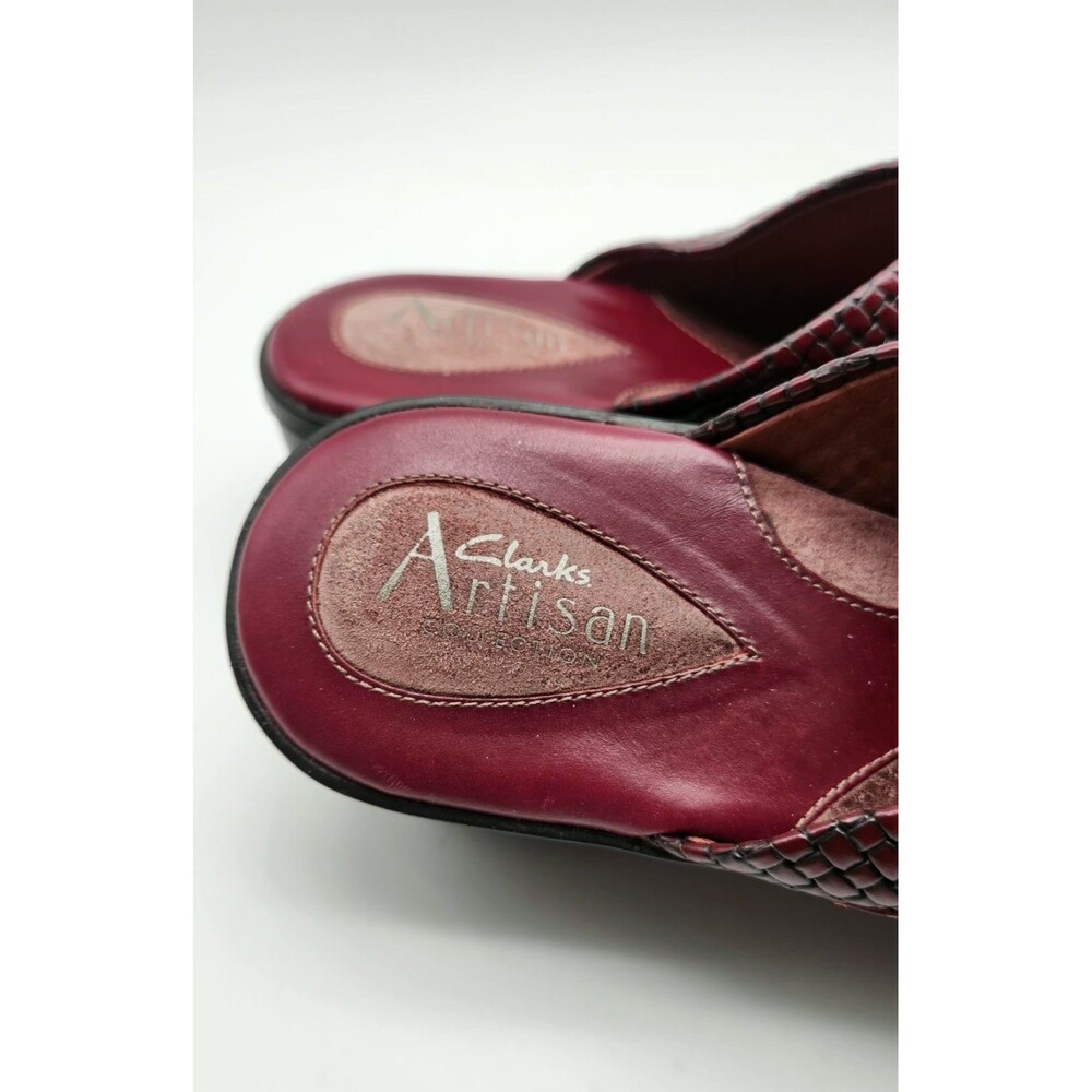 Clarks Artisan 7.5M Mules Clogs Shoes Cordovan Woven Leather Buckle Slides Heel - Picture 7 of 10